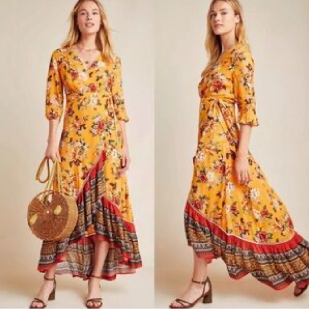 FARM Rio Anthropologie Soigne orange Floral Wrap Maxi Dress Size XS New